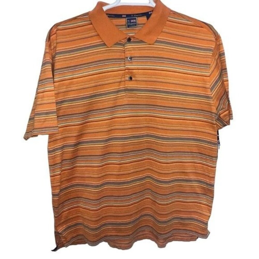 T Harris London Mens Orange Striped Polo Shirt XL 100% Cotton Short Sleeve Casua